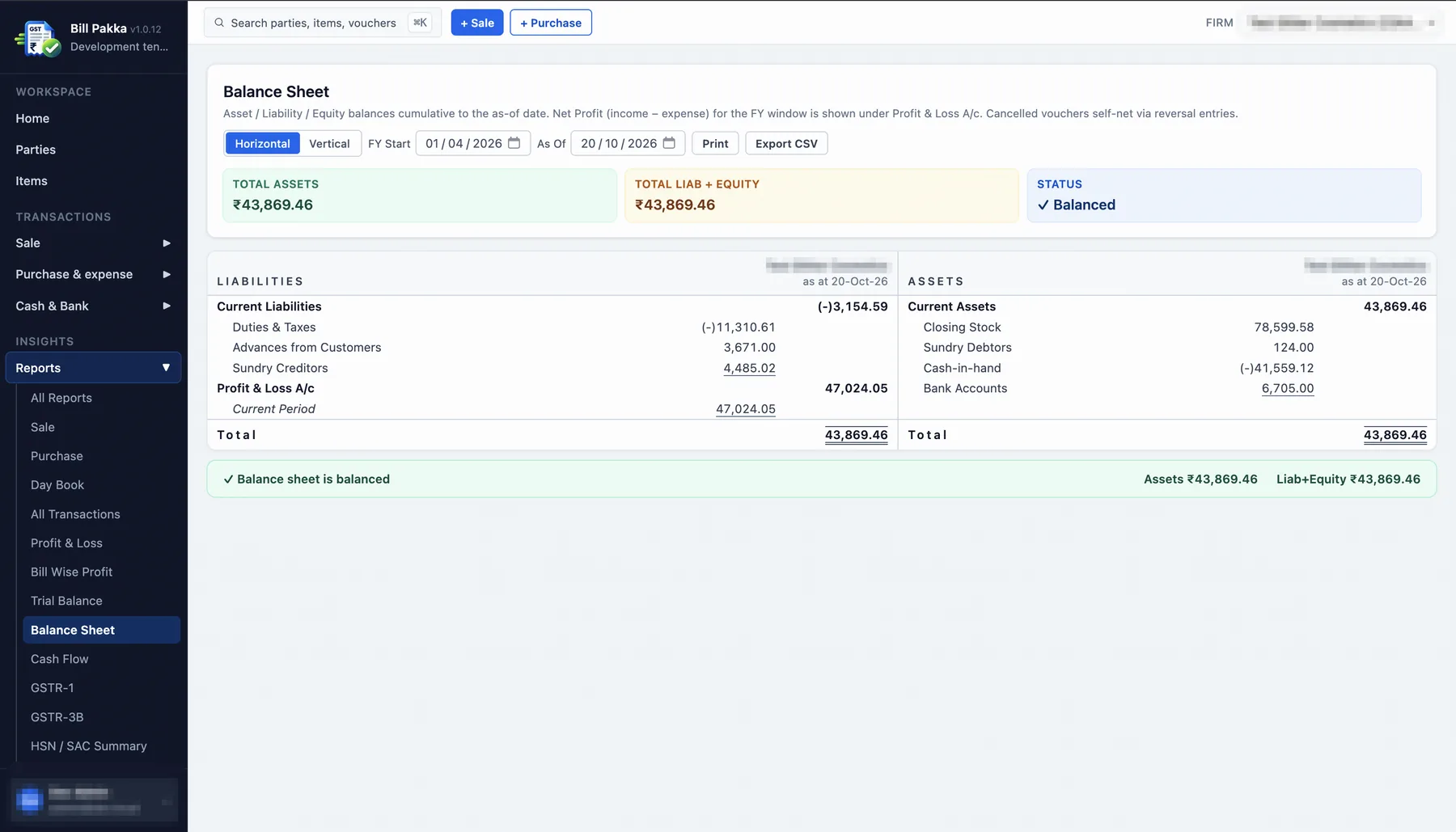 Balance sheet showing assets, liabilities and a balanced status